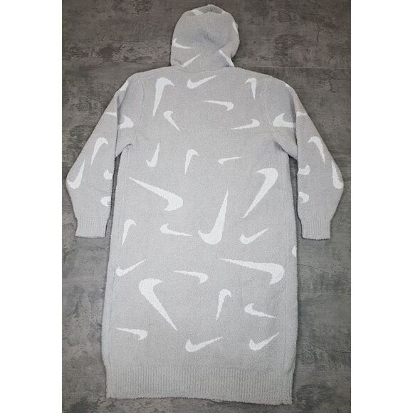 NIKE Phoenix Cozy Bouclé Long Knit Cardigan Sweater Womens SMALL Grey Swoosh - Picture 2 of 9